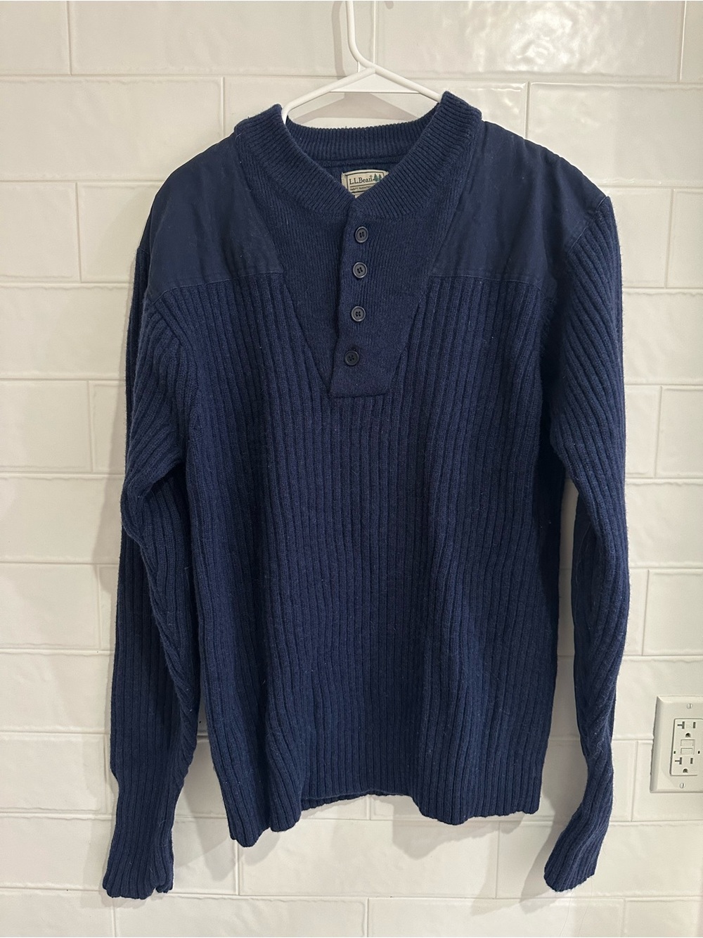 LL Bean Sweater Men’s L Commando Merino Lambs Wool Blue Military Elbow Patch